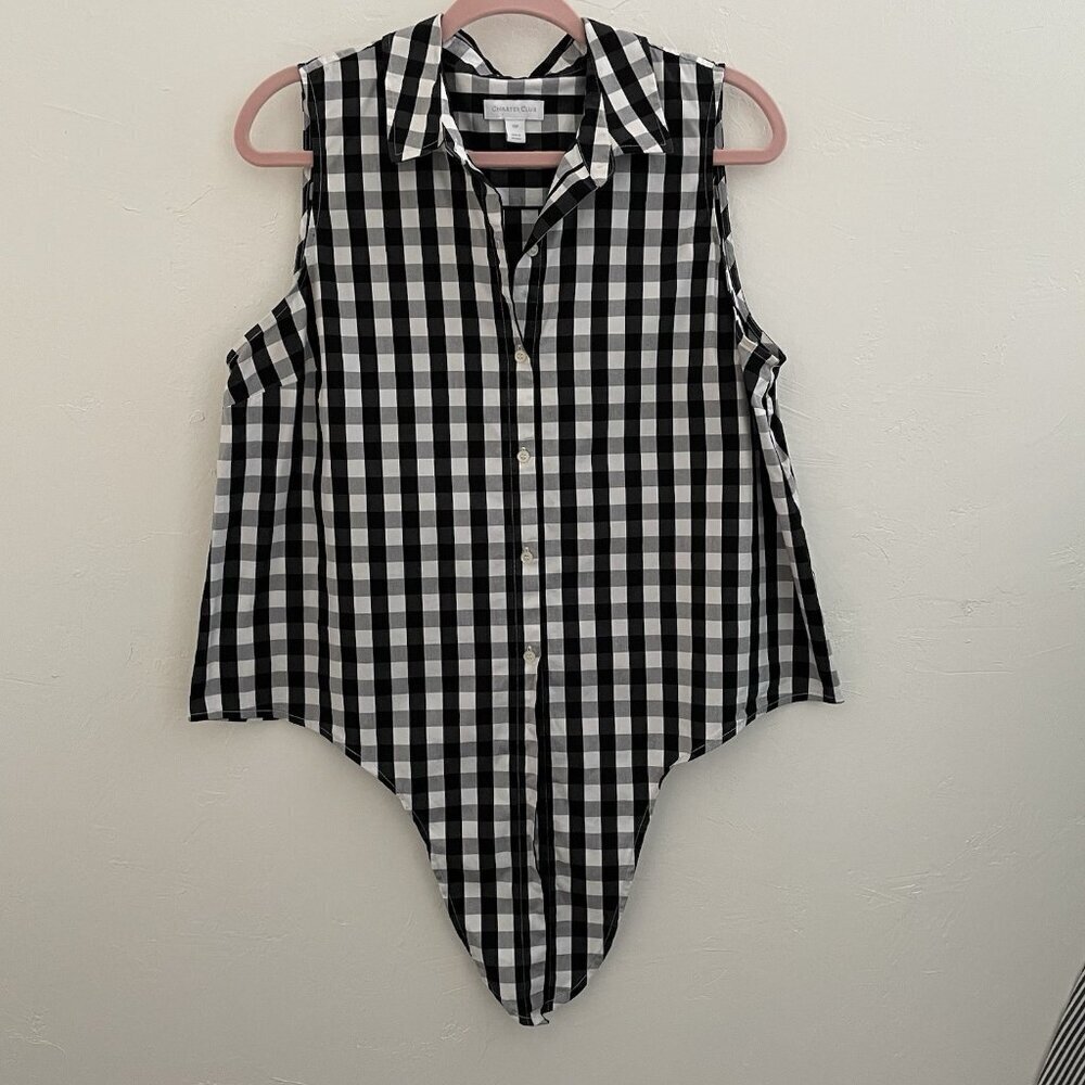 Charter Club Women's Petite Cotton Shirt 14P Black White Gingham Check Tie Front
